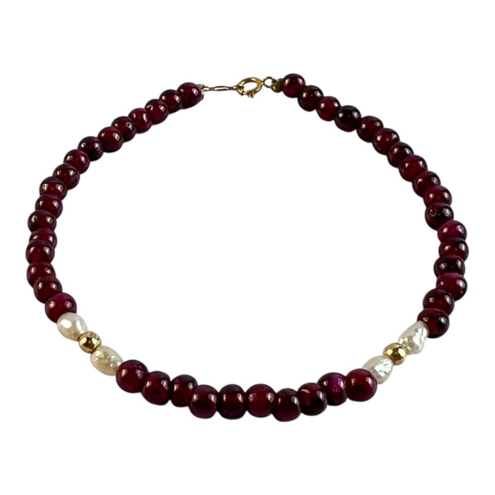 Minimalist 14K Yellow Gold Garnet Rice Pearl Beaded Bracelet Great for Layering